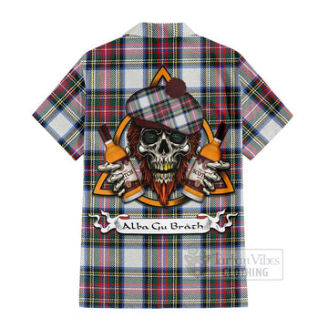 Dennistoun Tartan Hawaiian Shirt with Family Crest and Bearded Skull Holding Bottles of Whiskey - Tartan Vibes Clothing