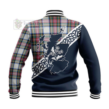 Dennistoun Tartan Baseball Jacket Featuring Thistle and Scotland Map - Tartan Vibes Clothing