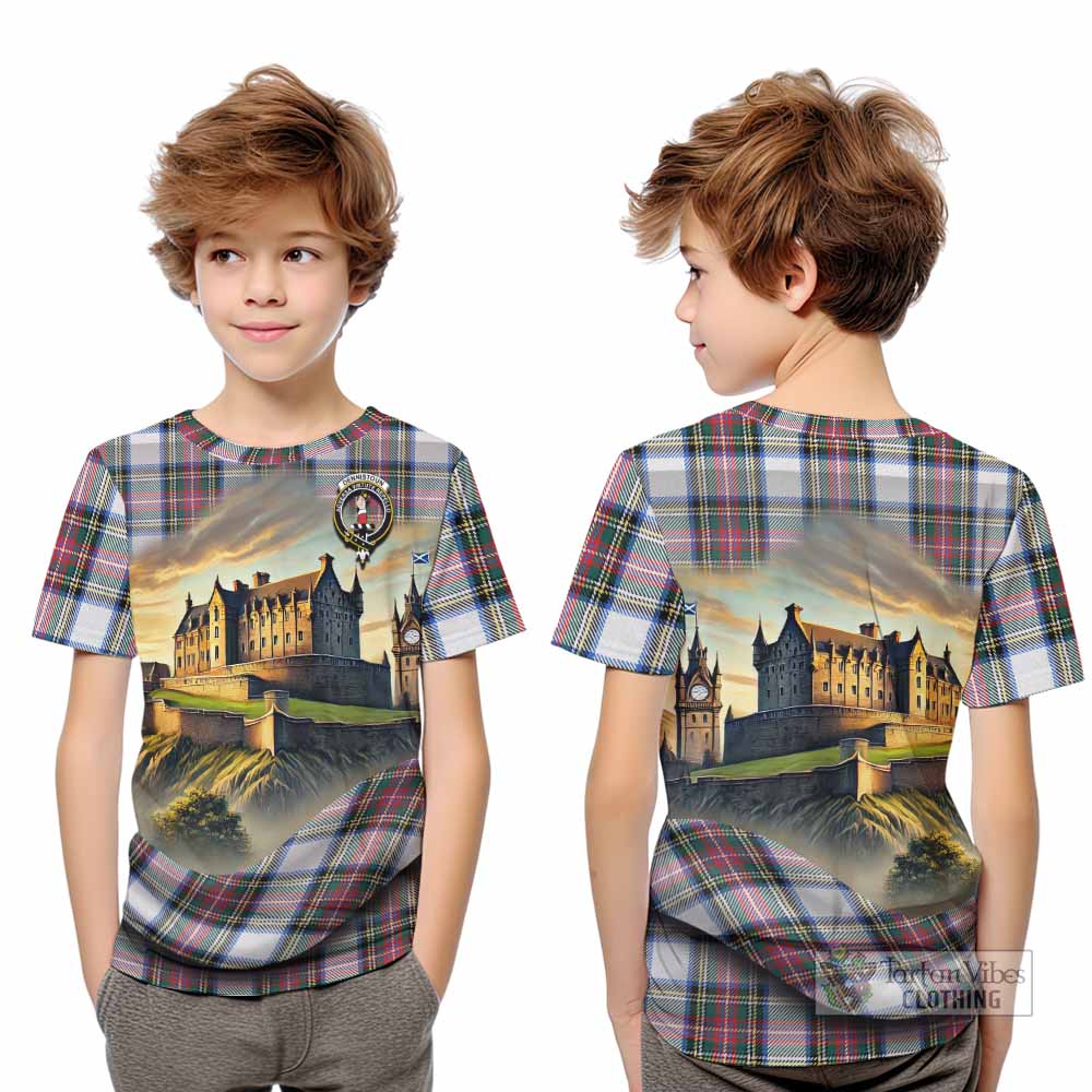 Dennistoun Tartan Family Crest Kid T-Shirt with Scottish Ancient Castle Style - Tartan Vibes Clothing