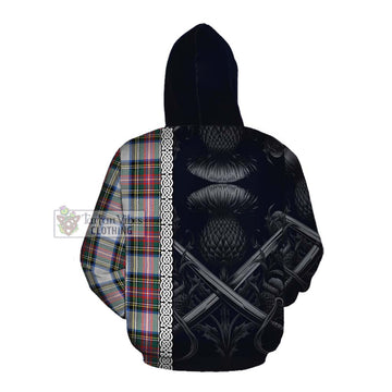 Dennistoun Tartan Cotton Hoodie with Family Crest Cross Sword Thistle Celtic Vibes Pullover Hoodie - Tartan Vibes Clothing