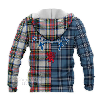 Dennistoun Tartan Knitted Hoodie Happy St. Andrew's Day Half Tartan Style - Tartan Vibes Clothing