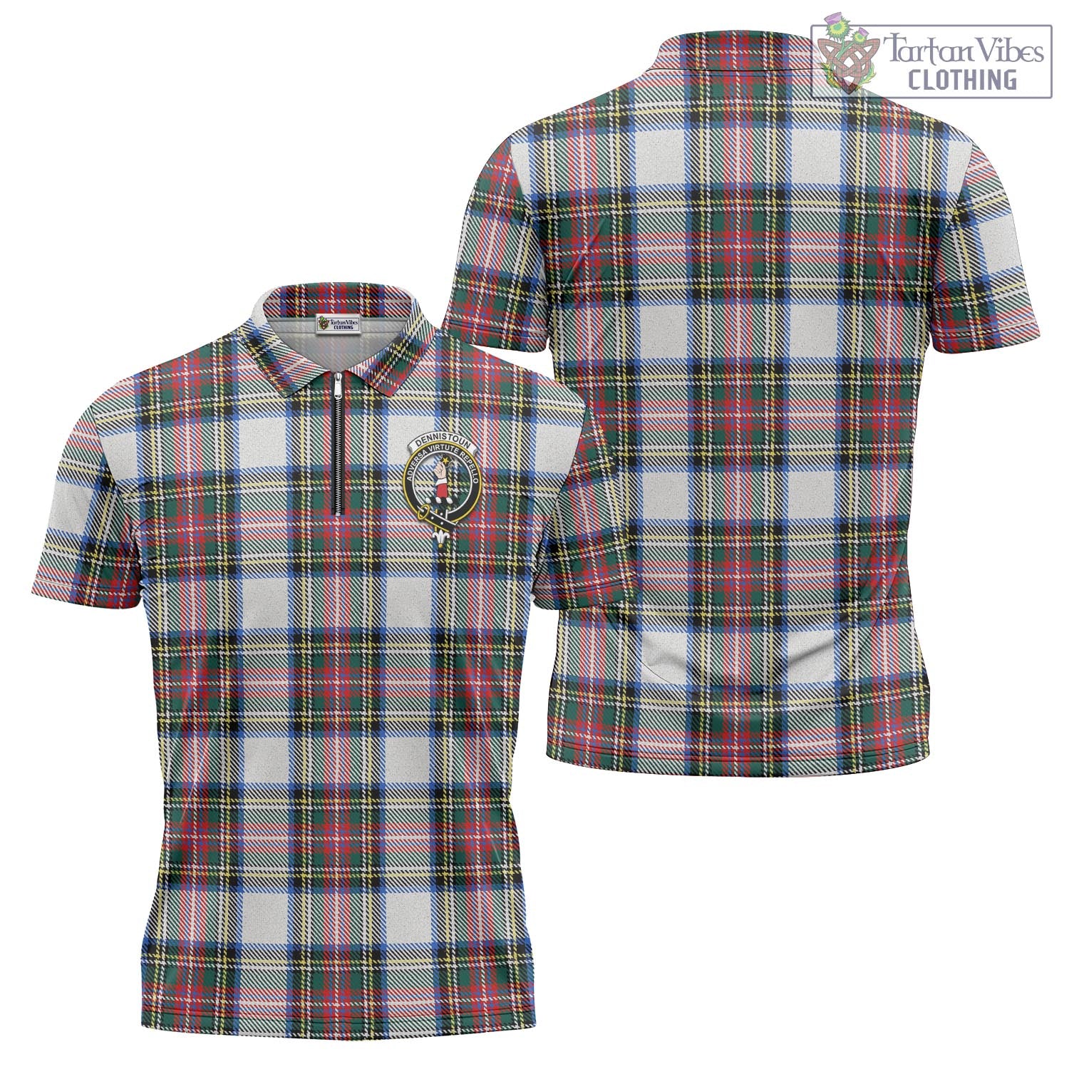 Dennistoun Tartan Zipper Polo Shirt with Family Crest - Tartan Vibes Clothing