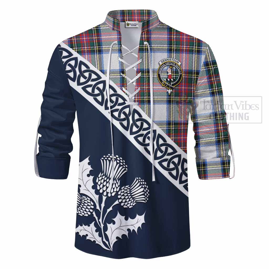 Dennistoun Tartan Ghillie Kilt Shirt Featuring Thistle and Scotland Map - Tartan Vibes Clothing