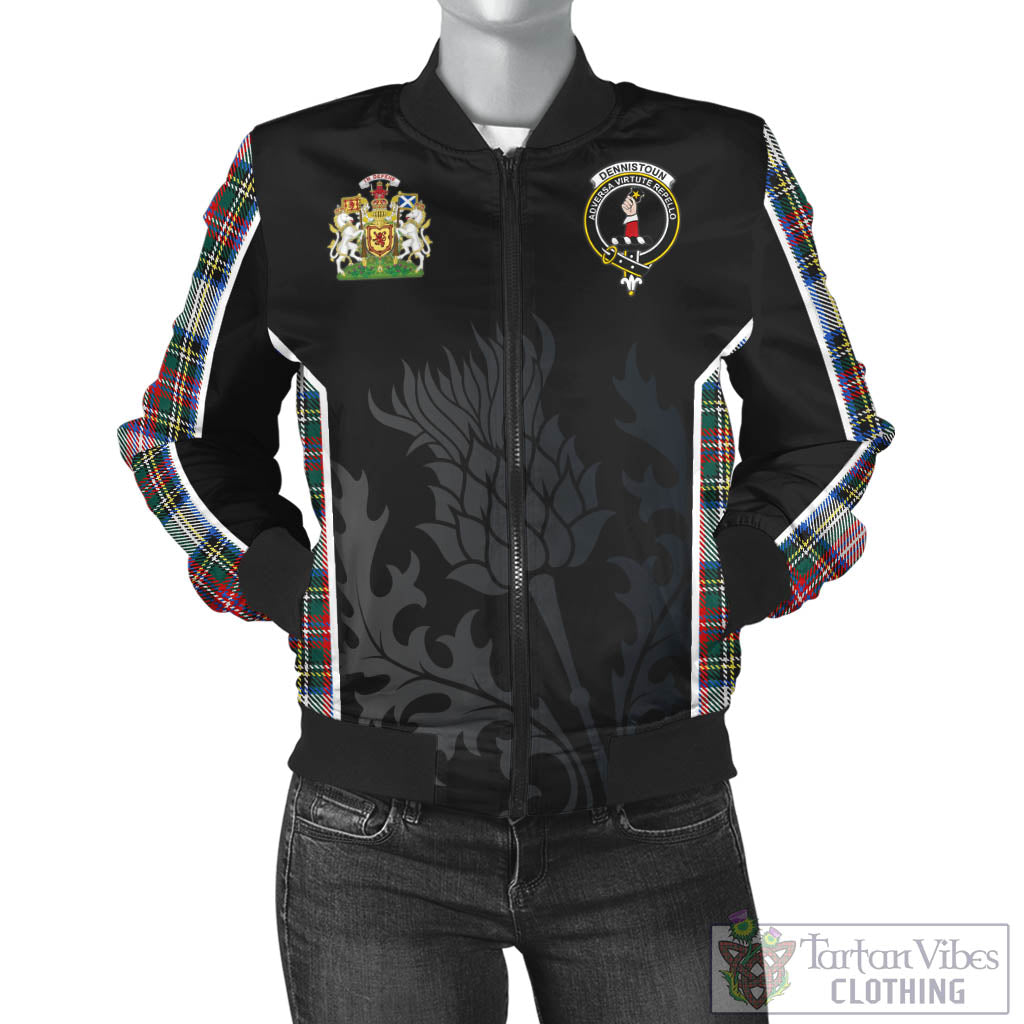 Tartan Vibes Clothing Dennistoun Tartan Bomber Jacket with Family Crest and Scottish Thistle Vibes Sport Style