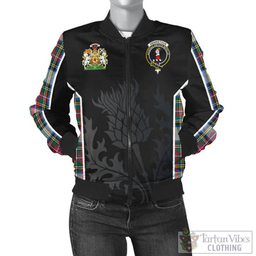 Tartan Vibes Clothing Dennistoun Tartan Bomber Jacket with Family Crest and Scottish Thistle Vibes Sport Style