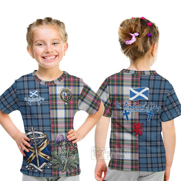 Dennistoun Tartan Kid T-Shirt Happy St. Andrew's Day Half Tartan Style - Tartan Vibes Clothing