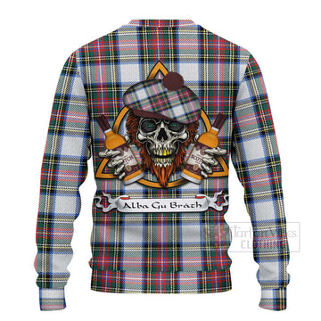 Dennistoun Tartan Ugly Sweater with Family Crest and Bearded Skull Holding Bottles of Whiskey - Tartan Vibes Clothing