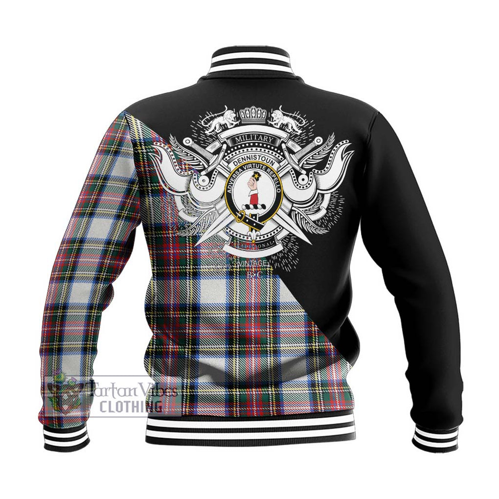 Dennistoun Tartan Baseball Jacket with Family Crest and Military Logo Style - Tartan Vibes Clothing