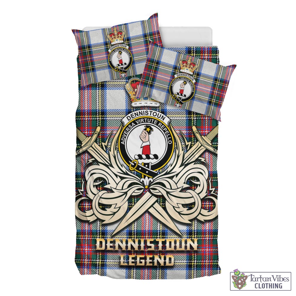 Tartan Vibes Clothing Dennistoun Tartan Bedding Set with Clan Crest and the Golden Sword of Courageous Legacy