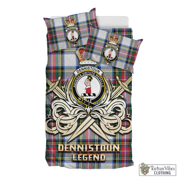 Tartan Vibes Clothing Dennistoun Tartan Bedding Set with Clan Crest and the Golden Sword of Courageous Legacy