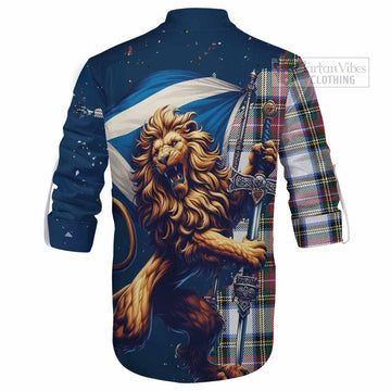 Dennistoun Tartan Family Crest Ghillie Kilt Shirt with Scottish Majestic Lion - Tartan Vibes Clothing