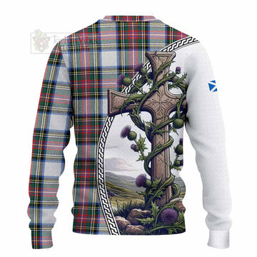 Dennistoun Tartan Knitted Sweater with Family Crest and St. Andrew's Cross Accented by Thistle Vines