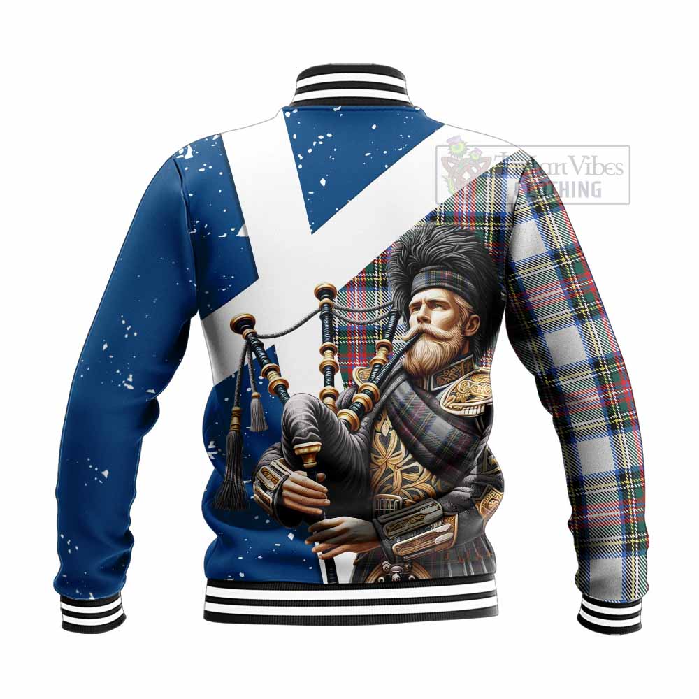 Dennistoun Tartan Baseball Jacket with Family Crest Scottish Bagpiper Vibes - Tartan Vibes Clothing