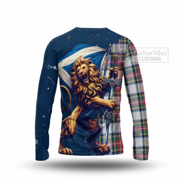 Dennistoun Tartan Family Crest Long Sleeve T-Shirt with Scottish Majestic Lion - Tartan Vibes Clothing