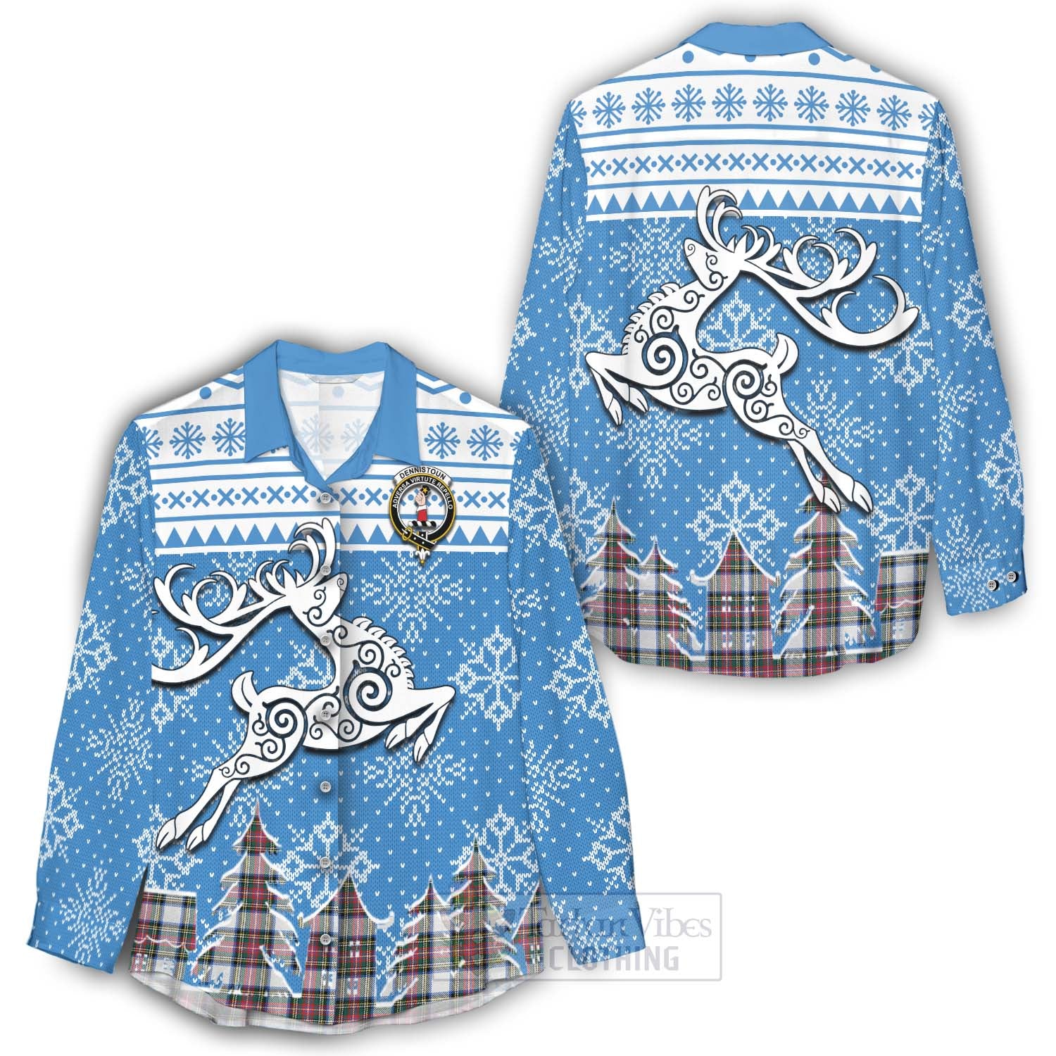 Dennistoun Clan Christmas Women's Casual Shirt Celtic Reindeer Style - Tartan Vibes Clothing