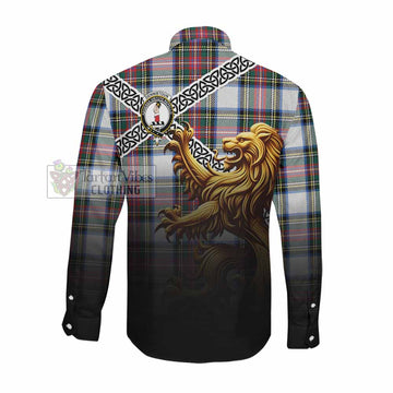 Dennistoun Crest Tartan Long Sleeve Button Shirt with Golden Lion Emblem Celtic Style Men's Shirt - Tartan Vibes Clothing
