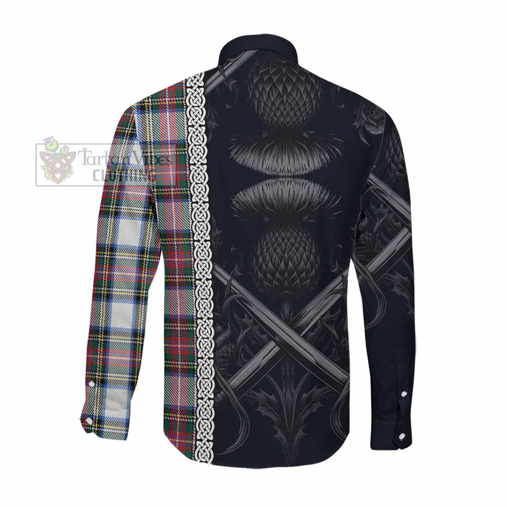 Tartan Vibes Clothing Dennistoun Tartan Long Sleeve Button Shirt with Family Crest Cross Sword Thistle Celtic Vibes