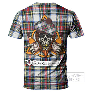Dennistoun Tartan T-Shirt with Family Crest and Bearded Skull Holding Bottles of Whiskey - Tartan Vibes Clothing