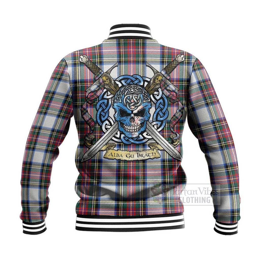 Dennistoun Tartan Baseball Jacket with Family Crest Celtic Skull Style - Tartan Vibes Clothing