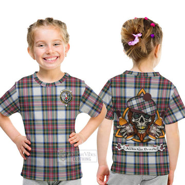 Dennistoun Tartan Kid T-Shirt with Family Crest and Bearded Skull Holding Bottles of Whiskey - Tartan Vibes Clothing