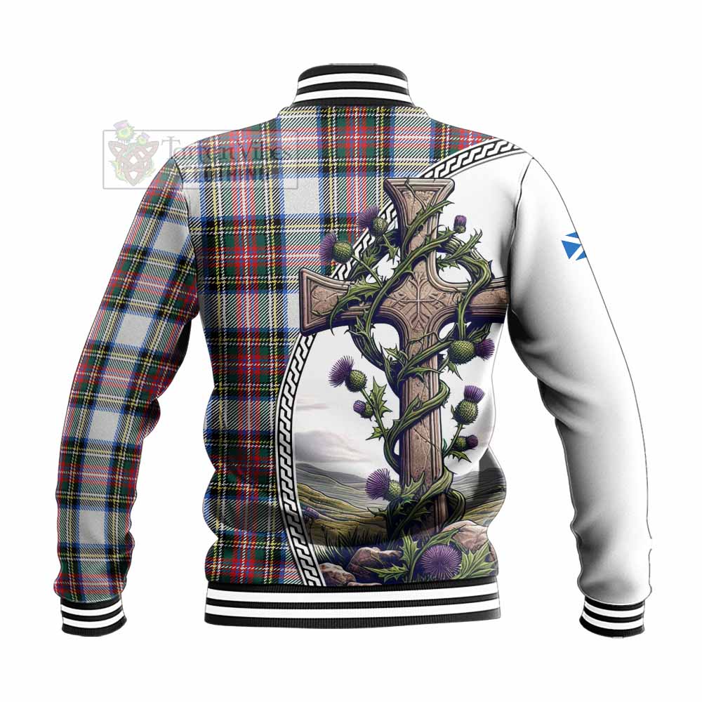 Dennistoun Tartan Baseball Jacket with Family Crest and St. Andrew's Cross Accented by Thistle Vines - Tartan Vibes Clothing