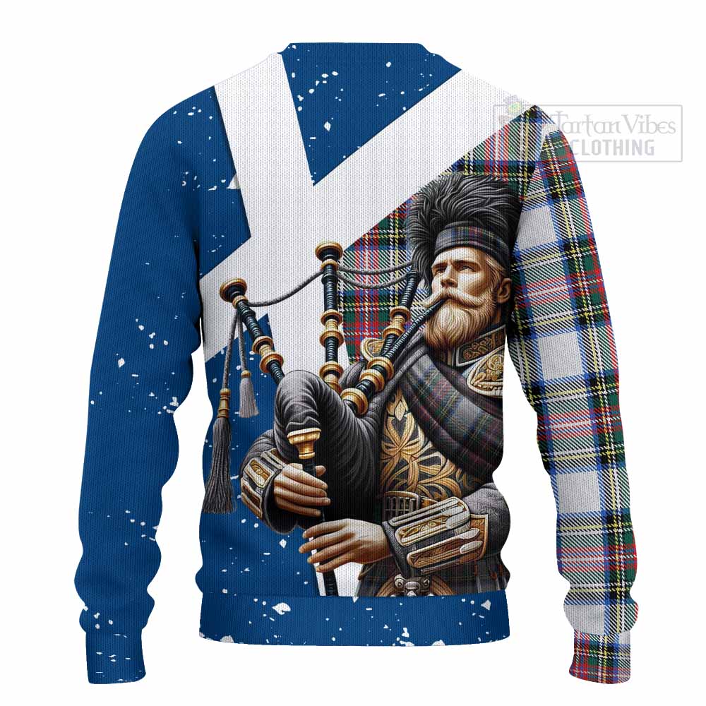 Dennistoun Tartan Knitted Sweater with Family Crest Scottish Bagpiper Vibes - Tartan Vibes Clothing