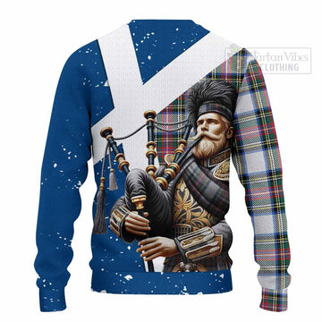Dennistoun Tartan Knitted Sweater with Family Crest Scottish Bagpiper Vibes - Tartan Vibes Clothing