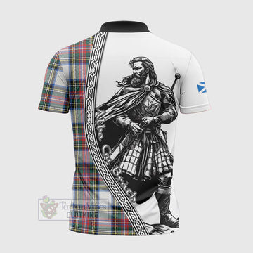 Dennistoun Tartan Clan Crest Zipper Polo Shirt with Highlander Warrior Celtic Style - Tartan Vibes Clothing