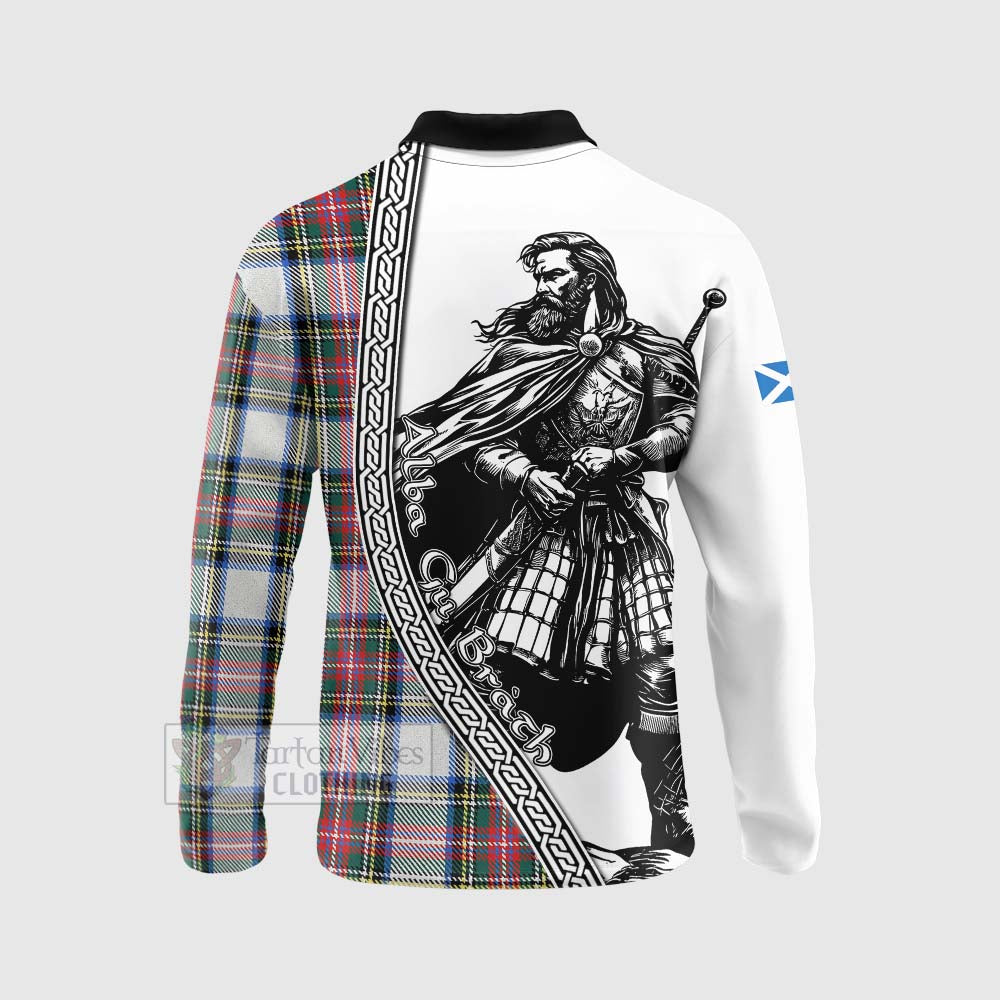 Dennistoun Tartan Clan Crest Long Sleeve Polo Shirt with Highlander Warrior Celtic Style - Tartan Vibes Clothing
