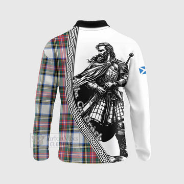 Dennistoun Tartan Clan Crest Long Sleeve Polo Shirt with Highlander Warrior Celtic Style - Tartan Vibes Clothing