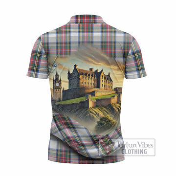 Dennistoun Tartan Family Crest Zipper Polo Shirt with Scottish Ancient Castle Style - Tartan Vibes Clothing