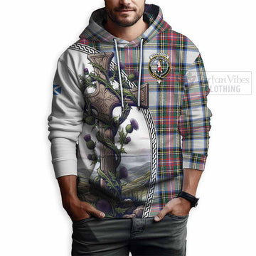Dennistoun Tartan Hoodie with Family Crest and St. Andrew's Cross Accented by Thistle Vines - Tartan Vibes Clothing