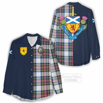 Dennistoun Tartan Women's Casual Shirt Alba with Scottish Lion Royal Arm Half Style - Tartan Vibes Clothing