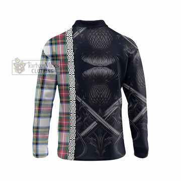 Dennistoun Tartan Long Sleeve Polo Shirt with Family Crest Cross Sword Thistle Celtic Vibes - Tartan Vibes Clothing