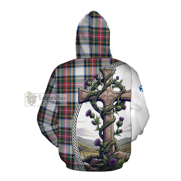 Dennistoun Tartan Cotton Hoodie with Family Crest and St. Andrew's Cross Accented by Thistle Vines