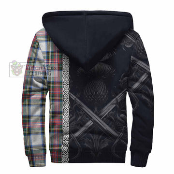 Dennistoun Tartan Sherpa Hoodie with Family Crest Cross Sword Thistle Celtic Vibes - Tartan Vibes Clothing