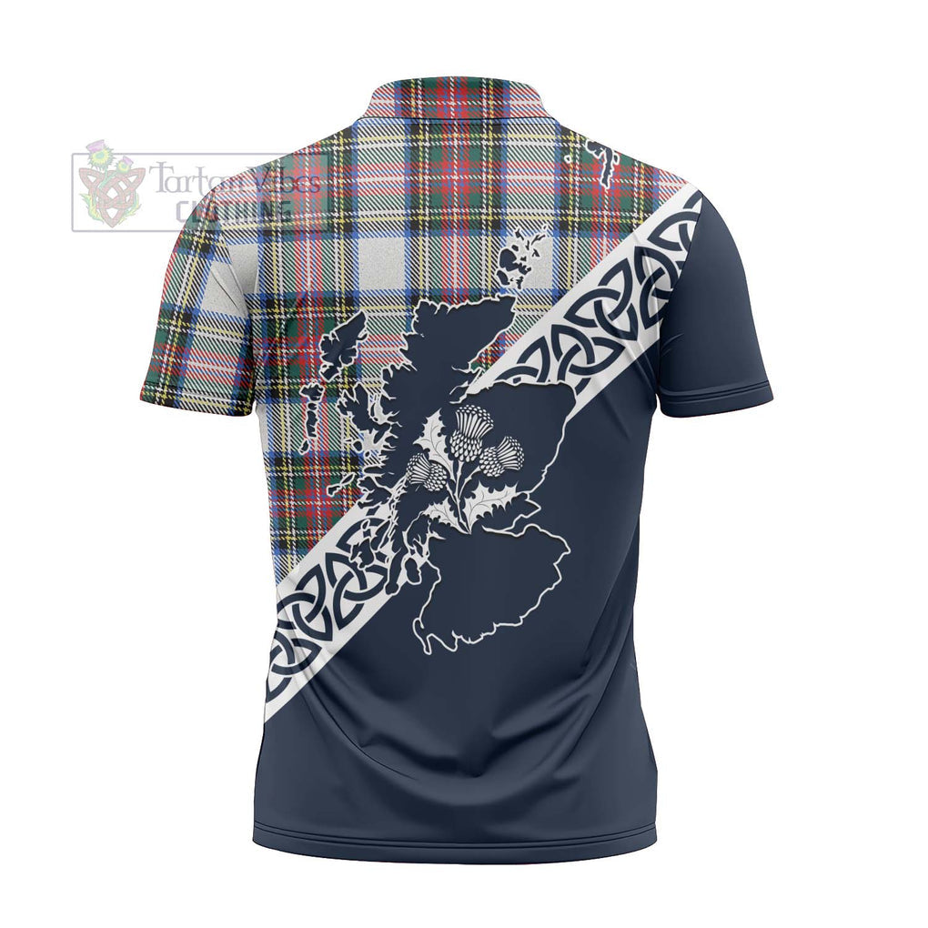 Dennistoun Tartan Zipper Polo Shirt Featuring Thistle and Scotland Map - Tartanvibesclothing Store