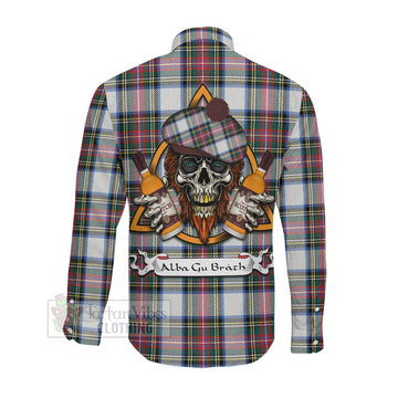 Dennistoun Tartan Long Sleeve Button Shirt with Family Crest and Bearded Skull Holding Bottles of Whiskey Men's Shirt - Tartan Vibes Clothing