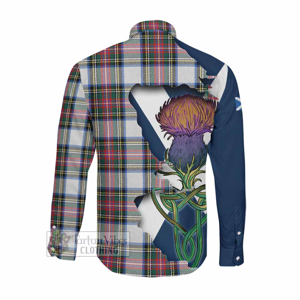 Tartan Vibes Clothing Dennistoun Tartan Family Crest Long Sleeve Button Shirt Scottish Thistle Celtic Inspired