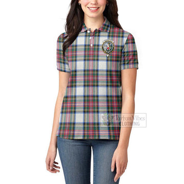 Dennistoun Tartan Women's Polo Shirt with Family Crest and Bearded Skull Holding Bottles of Whiskey - Tartan Vibes Clothing