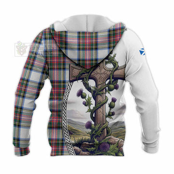Dennistoun Tartan Knitted Hoodie with Family Crest and St. Andrew's Cross Accented by Thistle Vines
