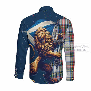 Dennistoun Tartan Family Crest Long Sleeve Button Shirt with Scottish Majestic Lion Men's Shirt - Tartan Vibes Clothing