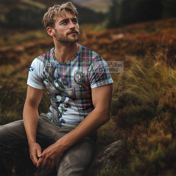 Dennistoun Tartan T-Shirt with Family Crest and St. Andrew's Cross Accented by Thistle Vines - Tartan Vibes Clothing