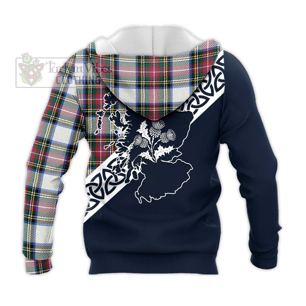 Dennistoun Tartan Knitted Hoodie Featuring Thistle and Scotland Map - Tartan Vibes Clothing