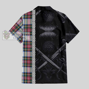 Dennistoun Tartan Hawaiian Shirt with Family Crest Cross Sword Thistle Celtic Vibes - Tartan Vibes Clothing