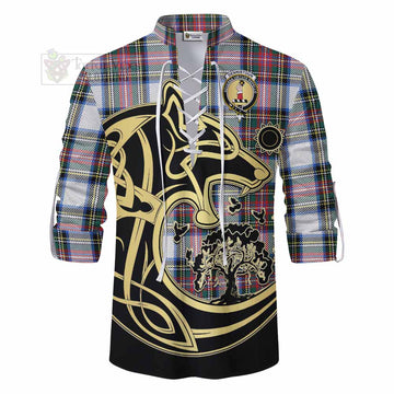 Dennistoun Tartan Ghillie Kilt Shirt with Family Crest Celtic Wolf Style - Tartan Vibes Clothing