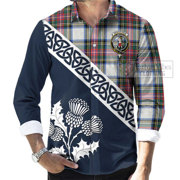 Dennistoun Tartan Long Sleeve Button Shirt Featuring Thistle and Scotland Map Men's Shirt - Tartan Vibes Clothing