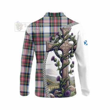 Dennistoun Tartan Long Sleeve Polo Shirt with Family Crest and St. Andrew's Cross Accented by Thistle Vines