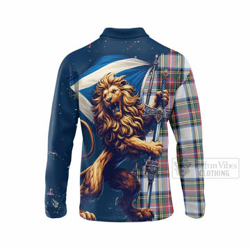 Dennistoun Tartan Family Crest Long Sleeve Polo Shirt with Scottish Majestic Lion - Tartan Vibes Clothing