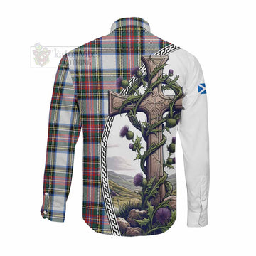 Dennistoun Tartan Long Sleeve Button Shirt with Family Crest and St. Andrew's Cross Accented by Thistle Vines Men's Shirt - Tartan Vibes Clothing